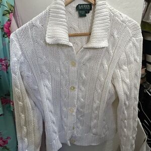 Lauren Ralph Lauren White Cable-Knit Button-Front Cardigan